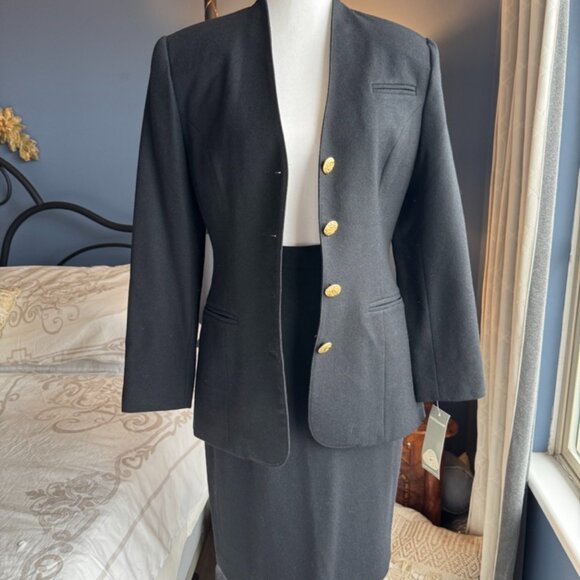 Vintage 90s 100% Wool Black Skirt Suit w Gold Buttons - Picture 7 of 16